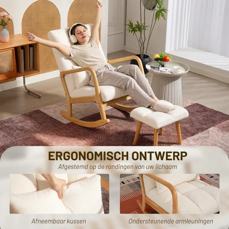 HOMCOM Schommelstoel met Voetensteun, Fleece-Bekleding, Hoge Rugleuning, Houten Poten, Voetpads, Wit(m-6)