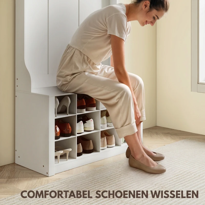 HOMCOM Kapstok met Plank, Bank, Haken, Schoencompartimenten, Spanplaten, MDF, Wit(m-5)