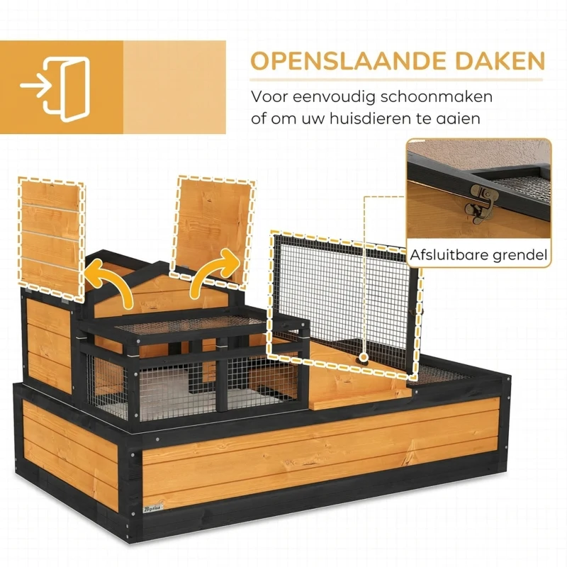 PawHut Schildpaddenhuis, 2 verdiepingen, voor binnen en buiten, lade, dennenhout, geel(m-5)