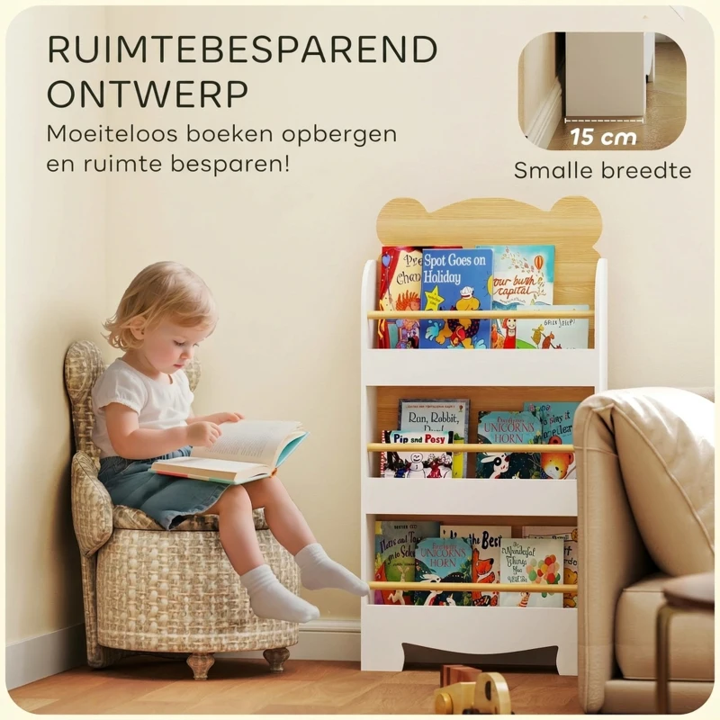 AIYAPLAY Kinderboekenrek in Beer Design met 3 Planken, Houten Opbergrek 55x15x110cm Wit(m-6)