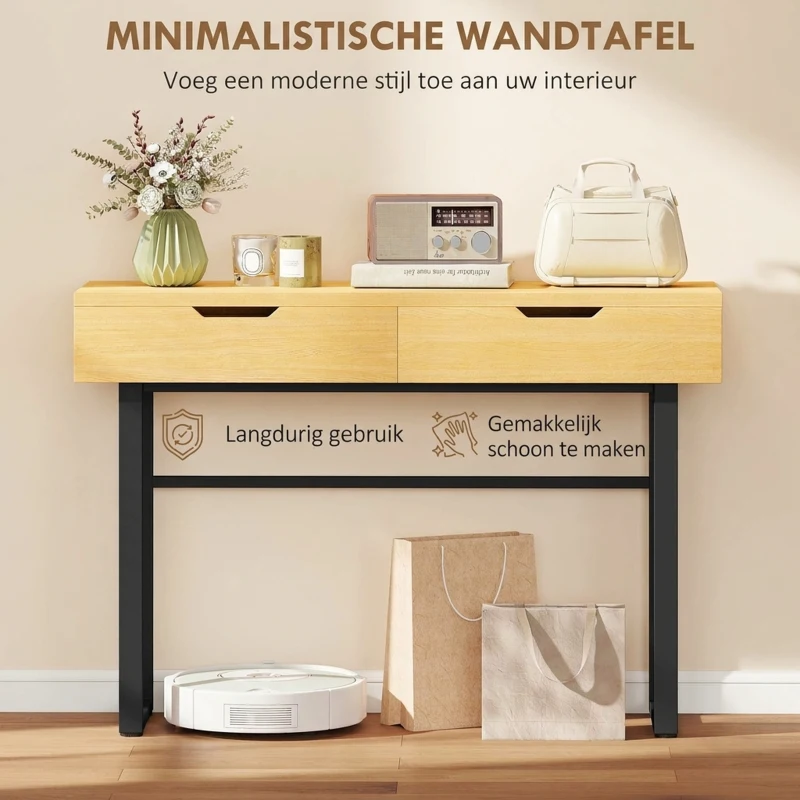 HOMCOM Consoletafel Smalle haltafel met 2 lades, metalen frame, voor hal 110 x 35 x 76,5 cm naturel