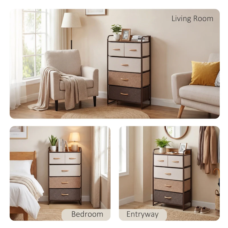 HOMCOM Ladekast met 5 Opvouwbare Stoffen Lades, Opbergrek, Stevig Stalen Frame, 58 x 29 x 99 cm