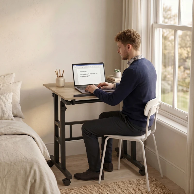 HOMCOM Bureau assis debout bureau réglable en hauteur 70 x 60 cm à roulettes avec plateau inclinable cadre en métal marron