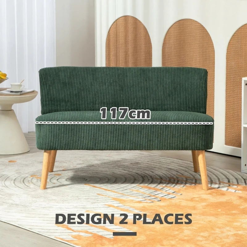 HOMCOM Canapé 2 places, canapé de salon en velours côtelé, assise rembourrée et pieds en bois d'hévéa, 117x56,5x77cm, vert(m-6)