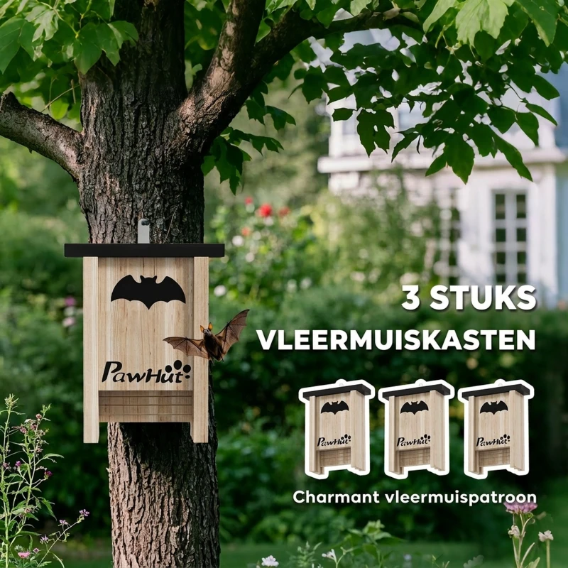 PawHut Set van 3 vleermuizenkasten, vleermuizenhuisjes voor tuinen, boomgaarden, boerderijen, eenvoudig op te hangen, 18 x 6 x 22,5 cm(m-4)