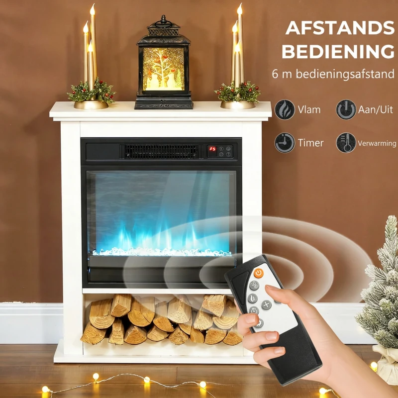 HOMCOM Elektrische haard, realistische vlammen met 9 kleuren, verstelbare helderheid, 1800W, afstandsbediening, timer, Wit(m-6)