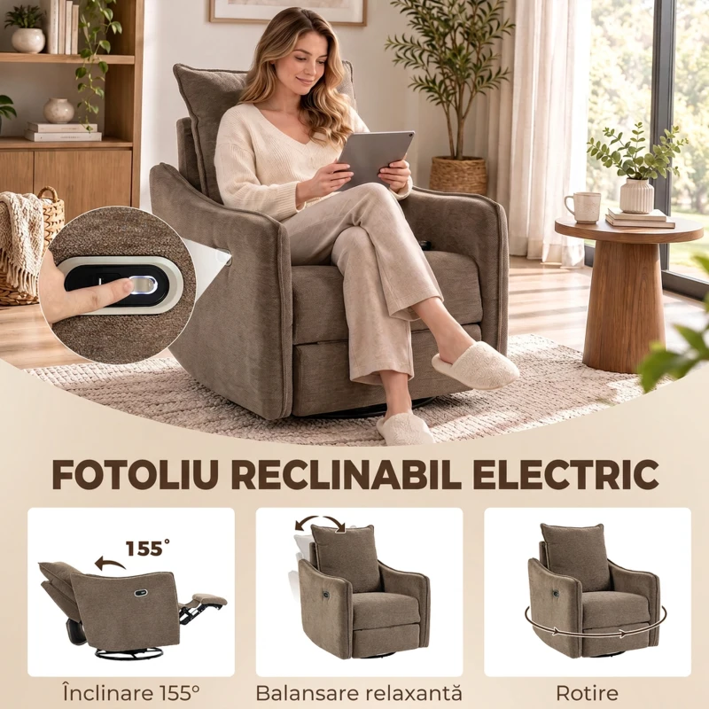 HOMCOM Fotoliu Recliner Electric 155° cu Suport pentru Picioare, Rotire 270°, Șezut Lat, Balans, Șenilă, Kaki