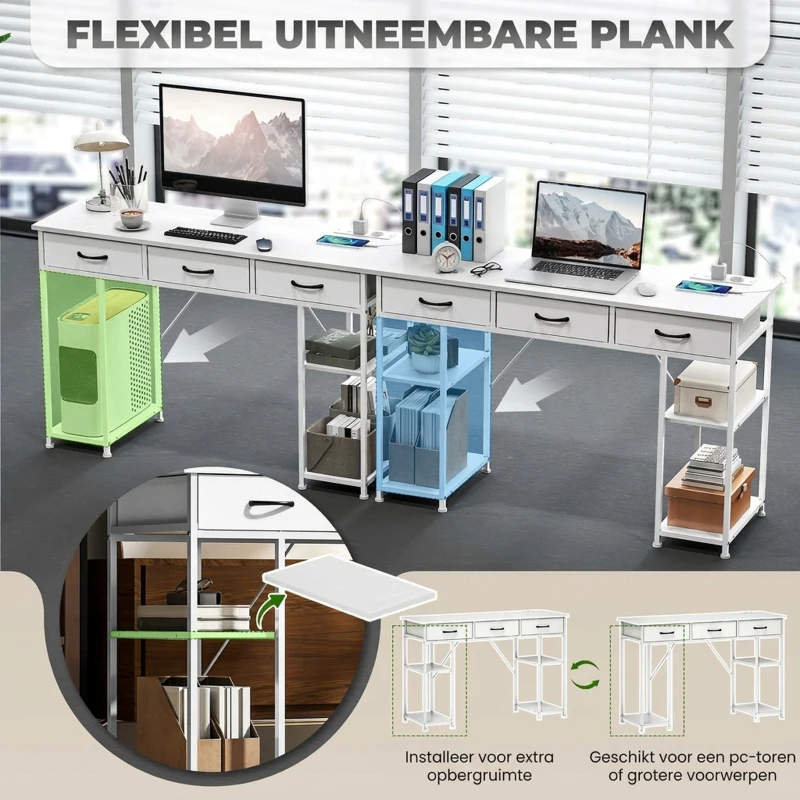 HOMCOM Bureau keukentafel met 2 USB-oplaadpoorten 2 stopcontacten verstelbare planken 3 stoffen lades 120x40x76 cm Wit