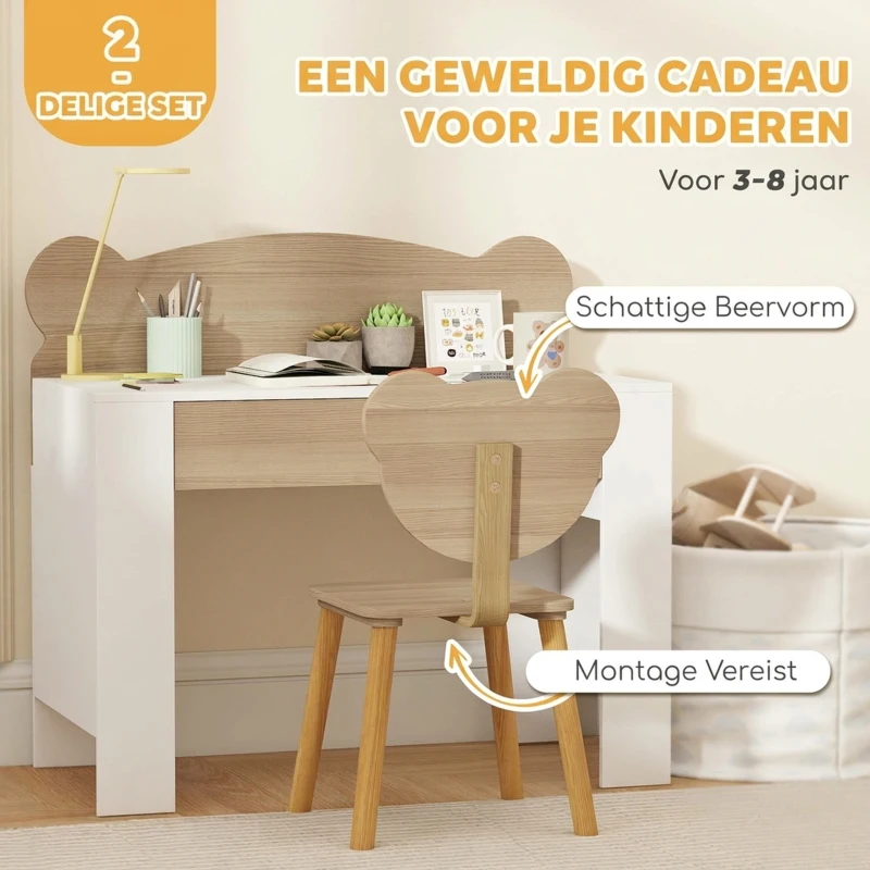 AIYAPLAY Kinderwerktafel met Stoel en Berenrugleuning, Lade, voor Schrijven en Knutselen, 3-8 Jaar, Natuur Hout