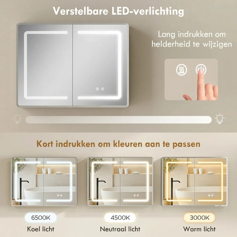 HOMCOM Spiegelkast voor de badkamer met LED-verlichting, 60 x 80 cm badkamerkast met anti-condens, 3-voudig dimbaar