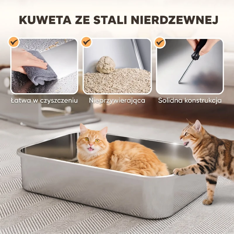 PawHut Kuweta dla kota ze stali nierdzewnej z pokrywą XXL, z podwójnymi drzwiami, łopatką, pedałem, wysuwaną tacą, łatwa w czyszczeniu, odporna na zapachy dla dużych kotów do 20 kg, 70x50x46,5cm, Szara