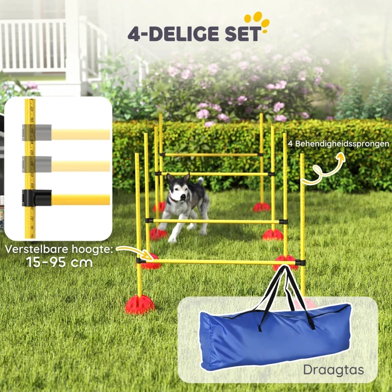 PawHut 5-delig Hondenagilityset met 4 Hordes en Draagtas voor Sprongtraining, Geel
