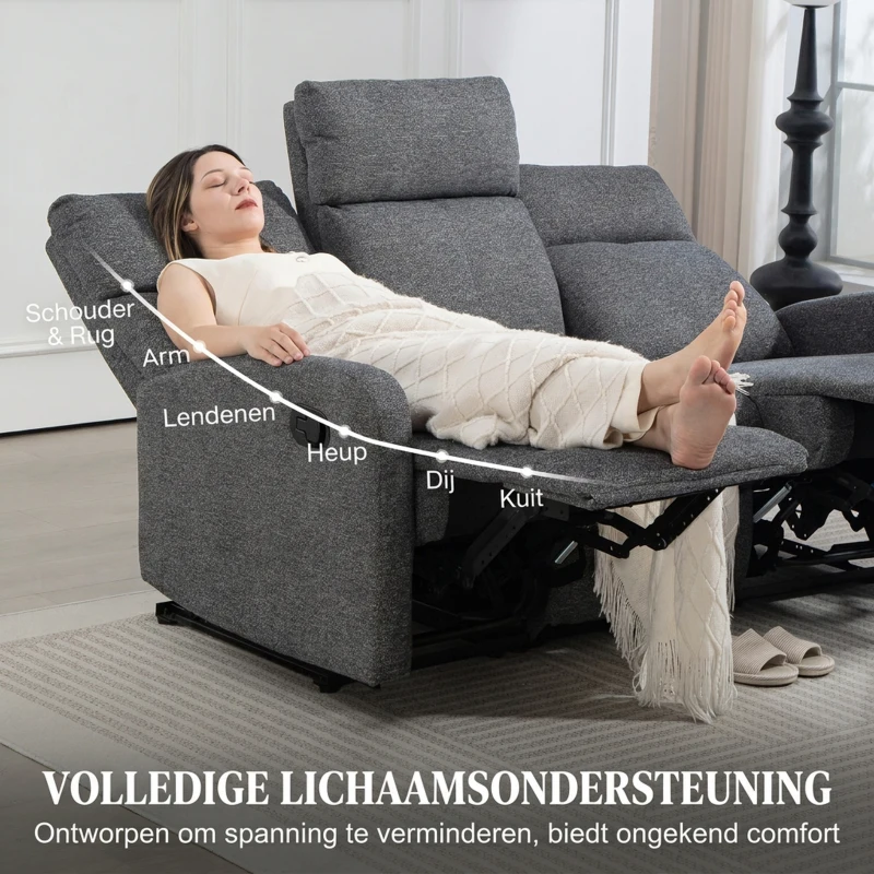 HOMCOM 3-zitsbank, individueel verstelbare rugleuningen, voetensteun, stoffen bekleding, metaal, grijs(m-7)