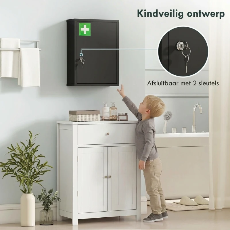 kleankin Medicijnkast voor wandmontage met slot, 3-niveaus stalen wandkast, 40 x 15 x 53,5 cm, Zwart
