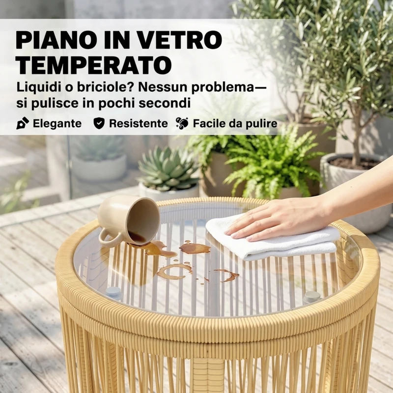 Outsunny Set da Bistrò da 3 Pezzi in Rattan e Acciaio con 2 Sedie, Tavolo Rotondo con Piano in Vetro Temperato, Beige