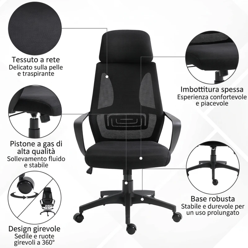 Vinsetto Sedia da Ufficio Reclinabile con Poggiatesta e Supporto Lombare, in Poliestere, 64x55x116-126 cm, Nero