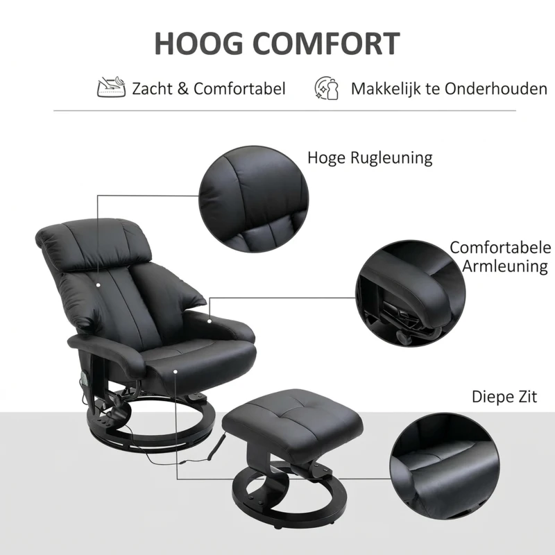 HOMCOM Massagestoel met voetenbank, 10 trilpunten, 145° verstelbare rugleuning, zwart