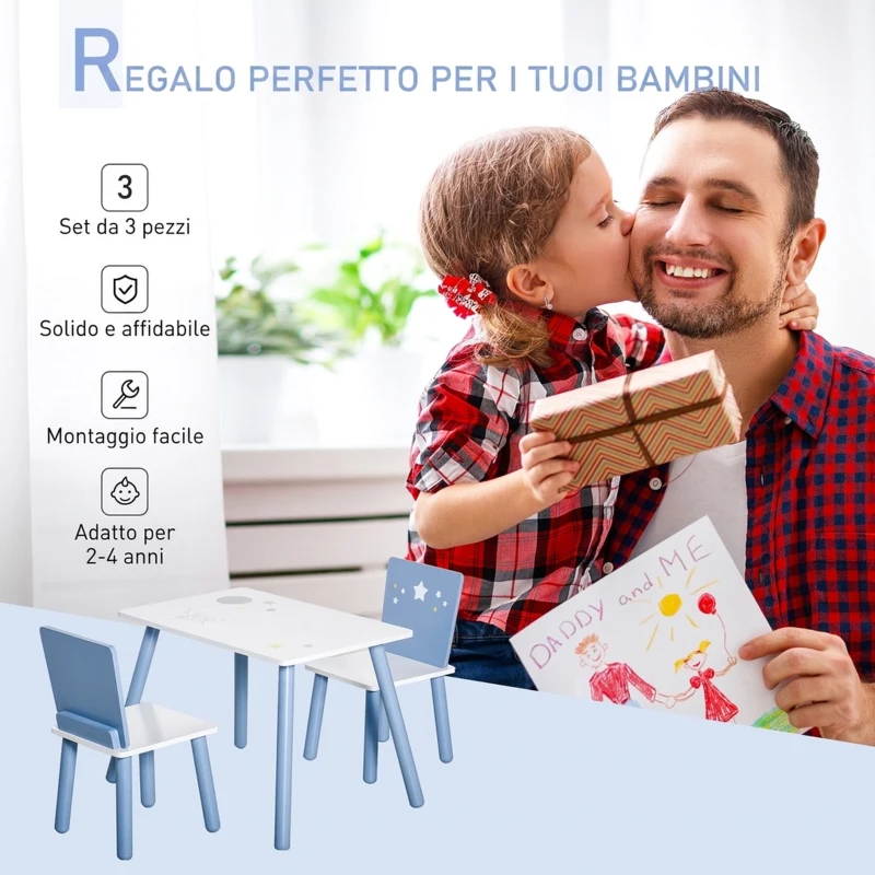 HOMCOM Tavolo con Sedie Bambini e Bambine 2-4 Anni in Legno Azzurro e Bianco