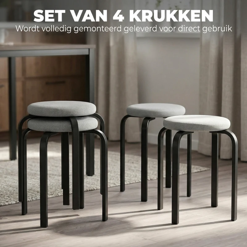 HOMCOM Set van 4 stapelkrukken, moderne gestoffeerde ronde krukken zonder rugleuning voor keuken en eetkamer, grijs