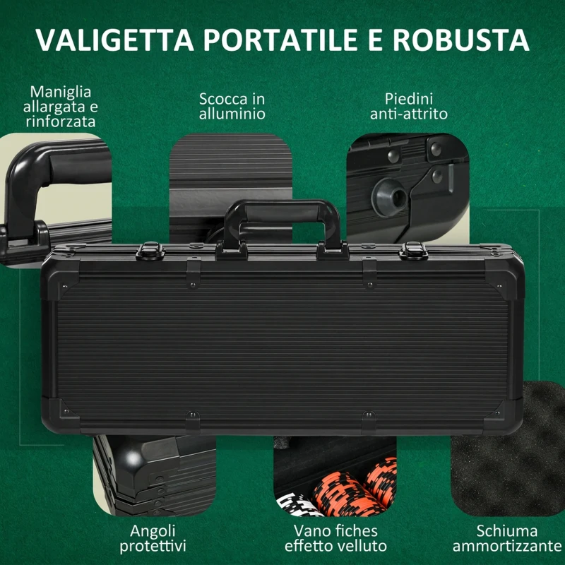 SPORTNOW Set Poker con 500 Fiches, 2 Mazzi di Carte, 5 Dadi, Pulsanti e Valigetta Protettiva in Alluminio Nero