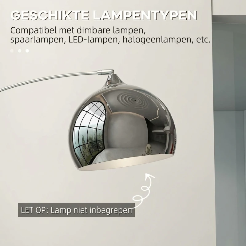 HOMCOM Booglamp, Staande Lamp, Verstelbaar, Voetschakelaar, Voet in Marmerlook, 170-180cm, Zilver/Zwart(m-7)
