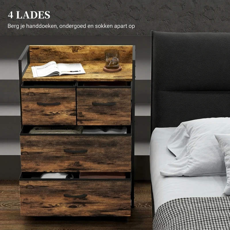 HOMCOM Ladekast, Dressoir, 4 Stoffen Laden, Industrieel Ontwerp, 60x29x85cm, Bruin/Zwart(m-4)