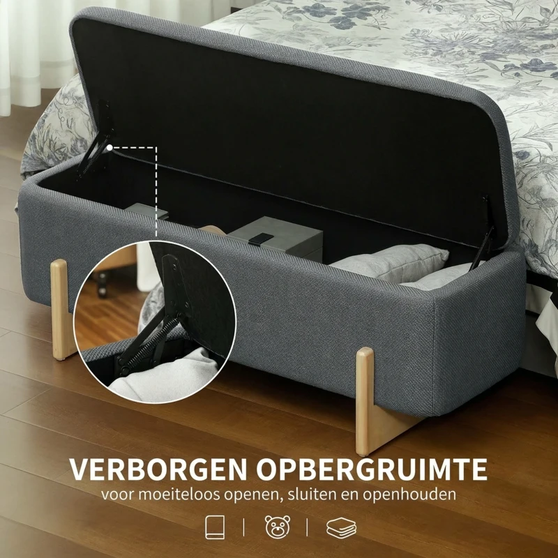 HOMCOM Hocker met opbergruimte, Opbergbank met schuimrubber bekleding, Linnenlook, 111 x 44 x 44,5 cm, Donkergrijs(m-4)