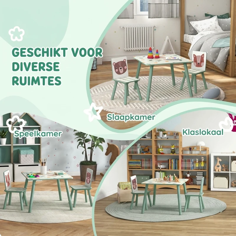 ZONEKIZ Zitgroep voor kinderen 3-8 jaar, 1 tafel & 2 stoelen, schattig dierenmotief, groen