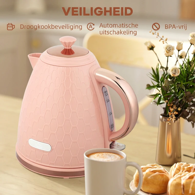 HOMCOM Elektrische Waterkoker, 1,7L, Snelkookfunctie, 2200W, Draadloos, Met Afneembaar Anti-Kalkfilter, Lichtroze