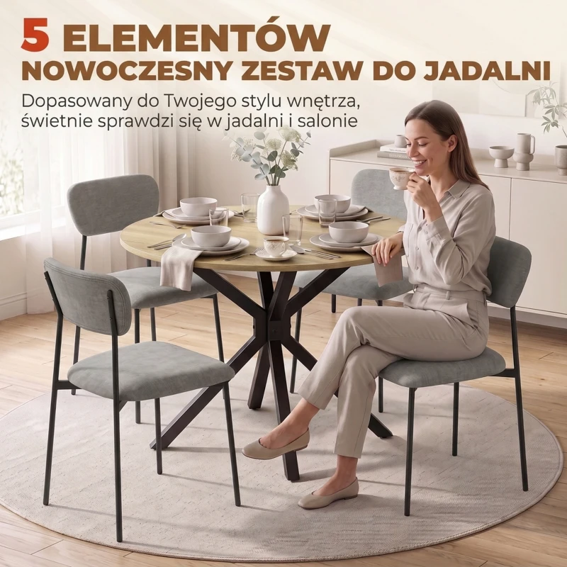 HOMCOM 5-częściowy zestaw jadalniany do małych wnętrz, stół i 4 tapicerowane krzesła, stalowa rama, dąb/szary