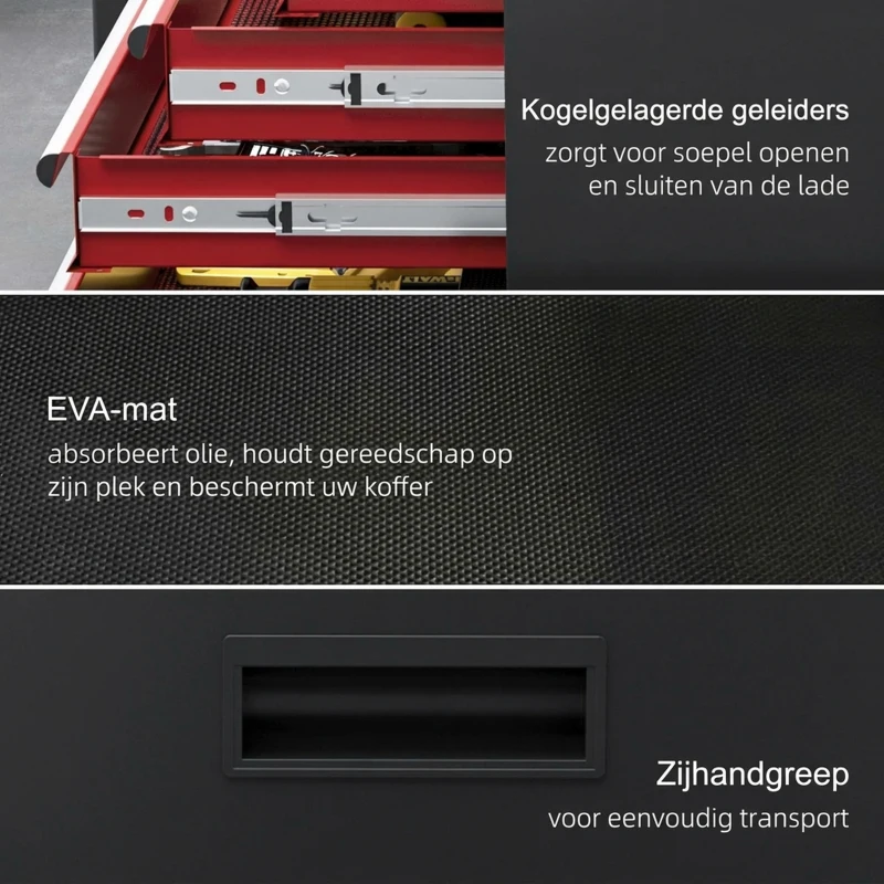 HOMCOM Mobiele gereedschapskast op wielen, Stevige kast met bovenste gereedschapskist en laden, afsluitbaar, Metaal, Zwart+Rood(m-7)