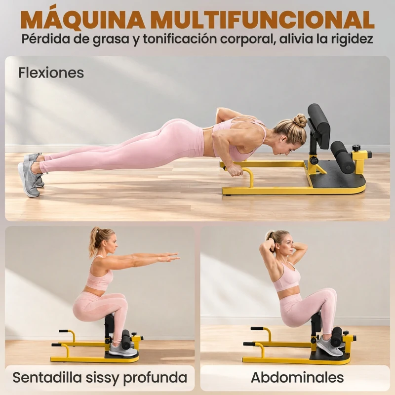 HOMCOM 3-en-1 Máquina Equipo de Sentadilla para Ejercicios Abdominales Tablero Supino Multifuncional Máquina de Piernas Ayuda en Cuclillas Amarillo
