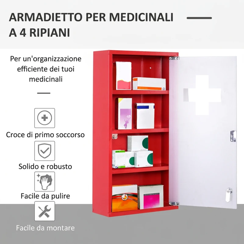 HOMCOM Cassetta Porta Medicine Armadietto Medicinali 4 Livelli Porta in Vetro 60×30×12cm Rosso
