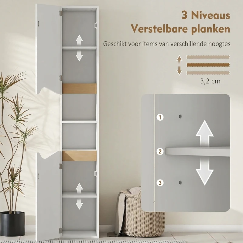 HOMCOM smalle badkamerkast hoge kast met 2 deuren, 2 open vakken, voor badkamer 30 x 34,6 x 182 cm Wit
