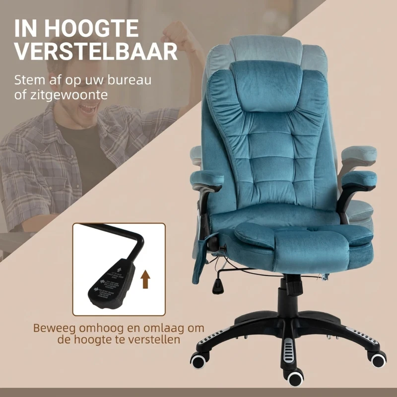 Vinsetto Ergonomische bureaustoel met massagefunctie hoogte verstelbare draaistoel gamingstoel blauw
