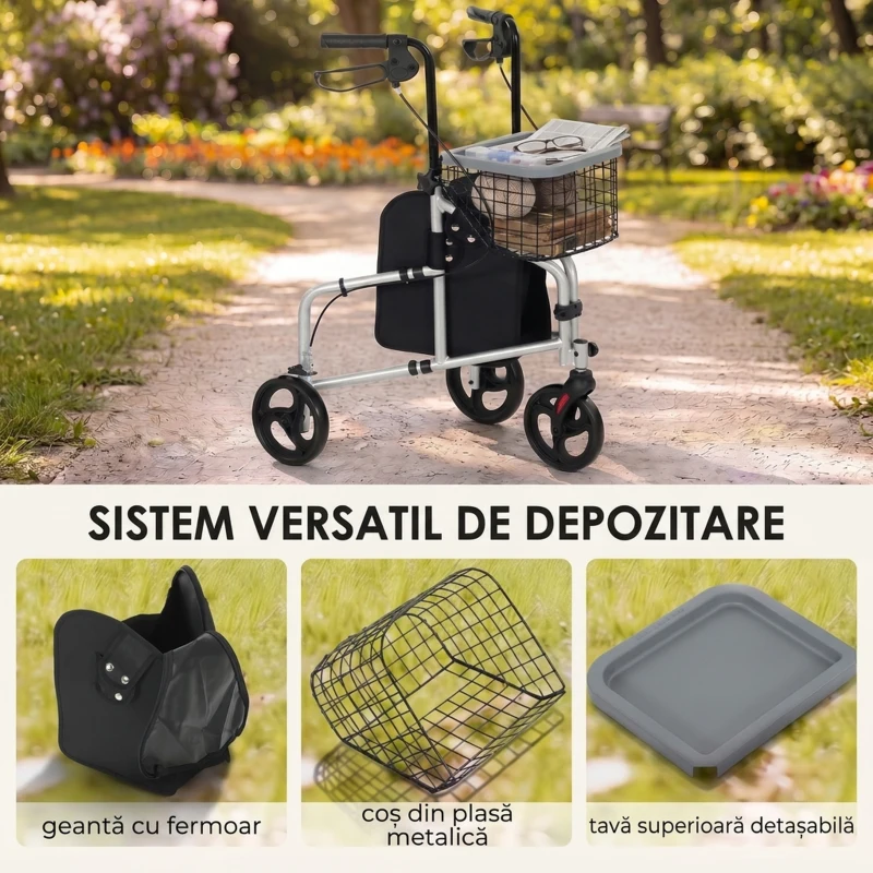 HOMCOM Rolator pliabil ușor pentru seniori cu geantă și coș, 3 roți, 136 kg, argintiu