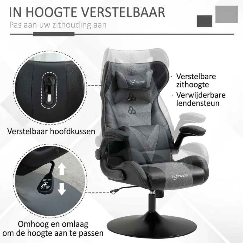 Vinsetto Gamingstoel, hoogteverstelbaar & draaibaar, Kunstlederen bekleding, opklapbare armleuningen, Zwart+Grijs(m-4)