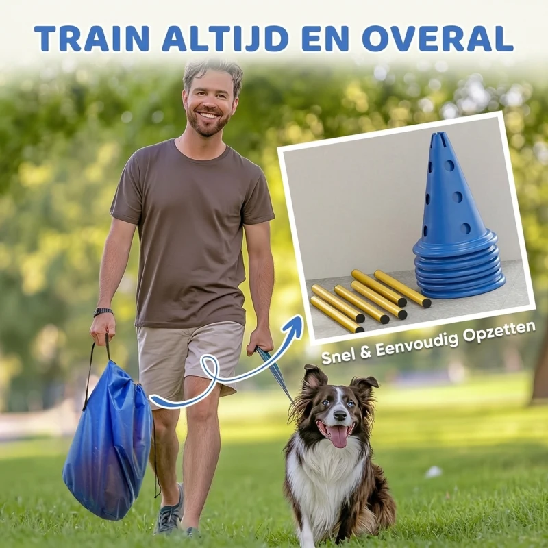 PawHut Agility Set Honden 3-delig agility-uitrusting voor hondentraining steekhordeset met 6 kegels 3 hindernissen draagtas
