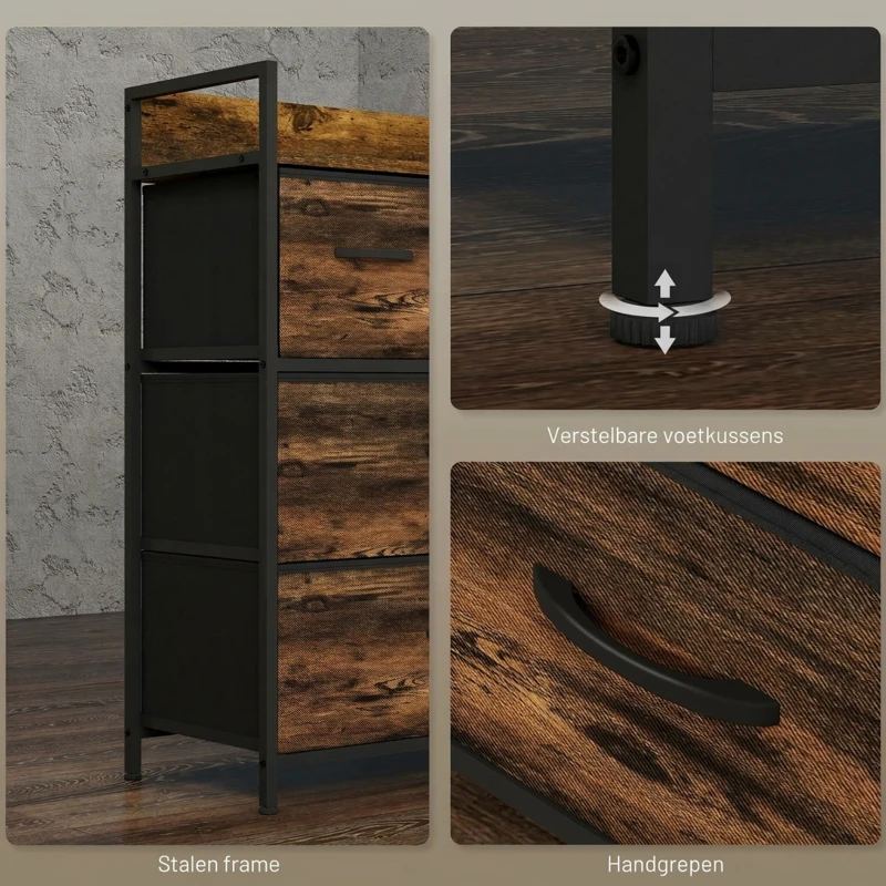 HOMCOM Ladekast, Dressoir, 4 Stoffen Laden, Industrieel Ontwerp, 60x29x85cm, Bruin/Zwart(m-7)