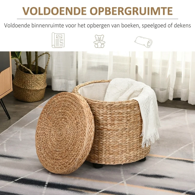 HOMCOM Poef met opbergruimte poef opbergbox stro rotan kaki(m-4)