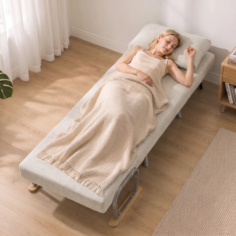 HOMCOM Poltrona-Cama em Veludo com Encosto Ajustável, Almofada e Braços em Madeira para Sala ou Quarto, Creme