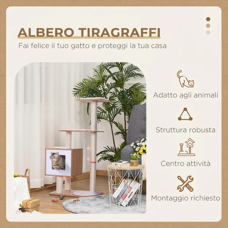 PawHut Tiragraffi Gatto Altezza 120cm con Cuccia Piattaforme e Giochi Sisal, MDF 71.5x49.5x120cm legno, bianco