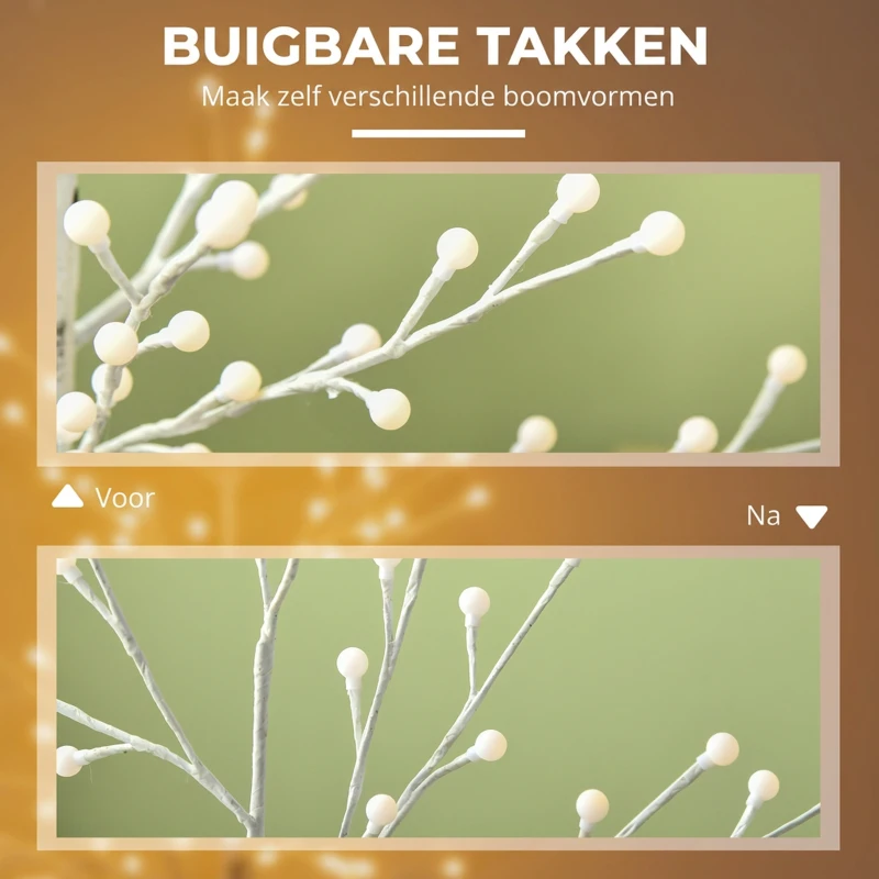 HOMCOM Kunstberk met 120 LED-lampjes, 3 lichtstanden, opvouwbare takken, IP44, 150 cm, wit