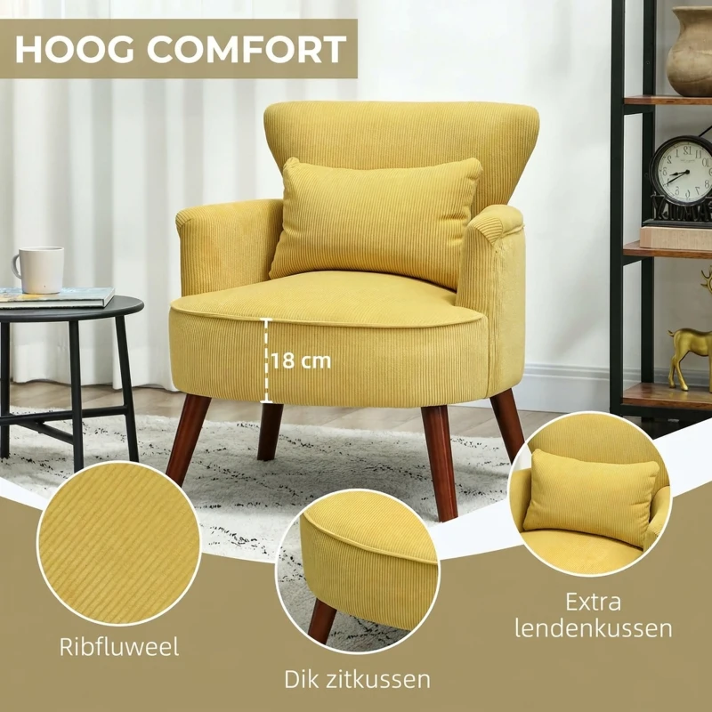 HOMCOM Moderne gevulde accentfauteuil met lendenkussen, rubberhouten poten - geel