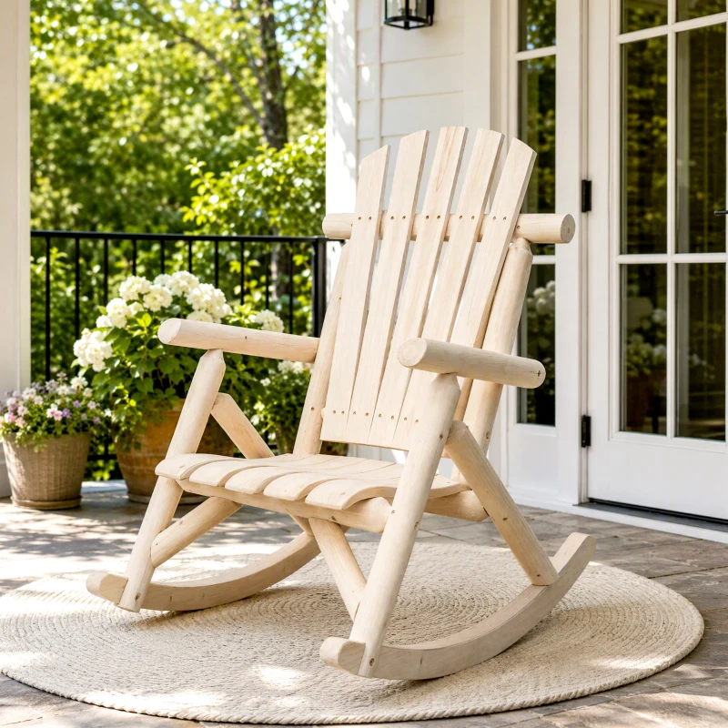 Outsunny Schaukelstuhl aus Holz Schaukelsessel mit hoher Rückenlehne wetterfest Gartenstuhl bis 113kg belastbar Relaxstuhl für Wohnzimmer Garten, Rasen, Balkon Natur