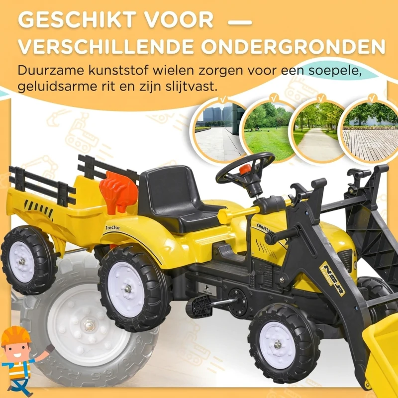 HOMCOM Kinderwiellader, bestuurbare voorlader, vanaf 3 jaar, trapaandrijving, geel/zwart