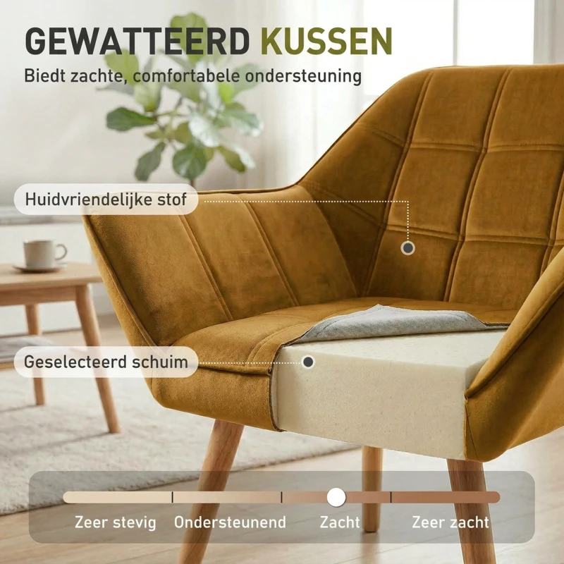 HOMCOM Gestoffeerde Stoel, Accentstoel, Scandi Ontwerp, Fluwelen Look, tot 120 kg, Rubberhout Poten, Geel