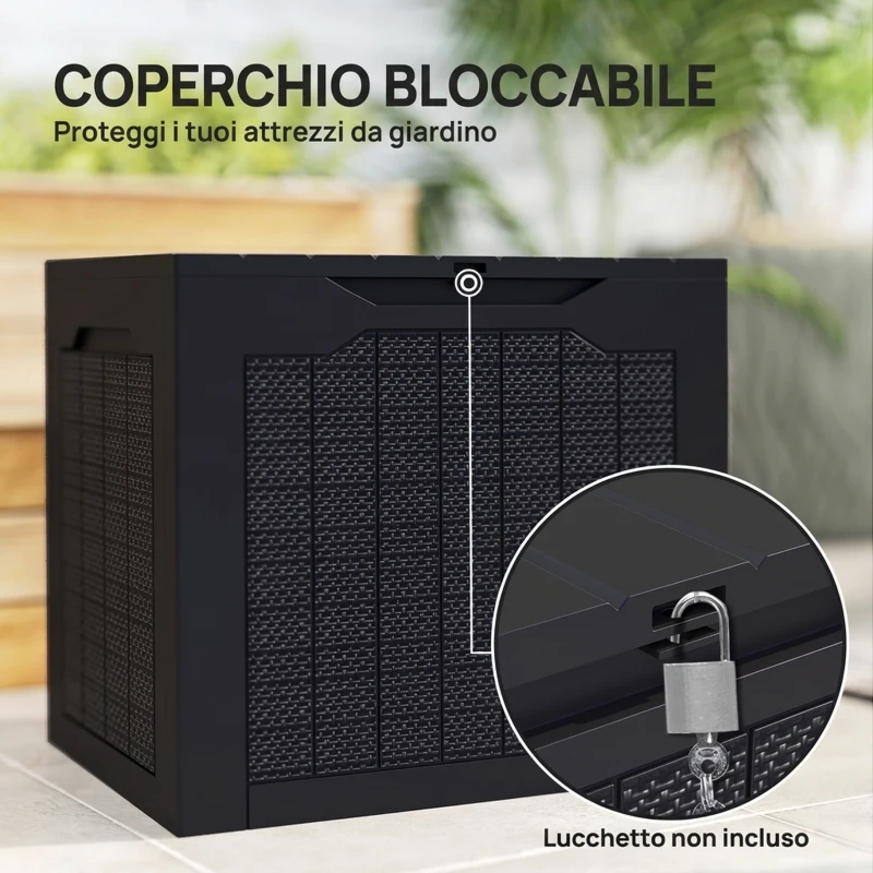 Outsunny Baule da Giardino con Maniglie, Contenitore Porta Attrezzi Impermeabile, 56x41x50 cm, Nero