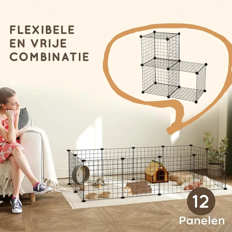 PawHut Ren, box, kooi voor kleine dieren, metalen rooster flexibel omvormbaar