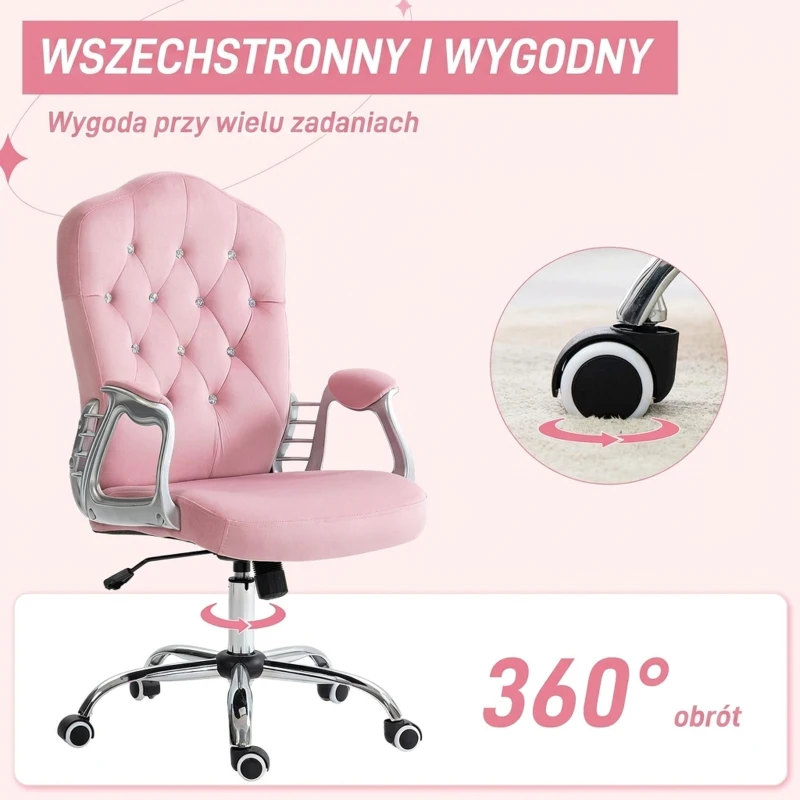 Vinsetto Krzesło biurowe, oparcie z możliwością przechylania, regulowana wysokość, wykończenie aksamitne, do 120 kg, Różowe